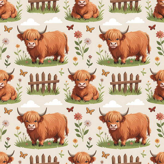 Cartoon Highland Cows Pattern 21 Quilting Cotton Fabric