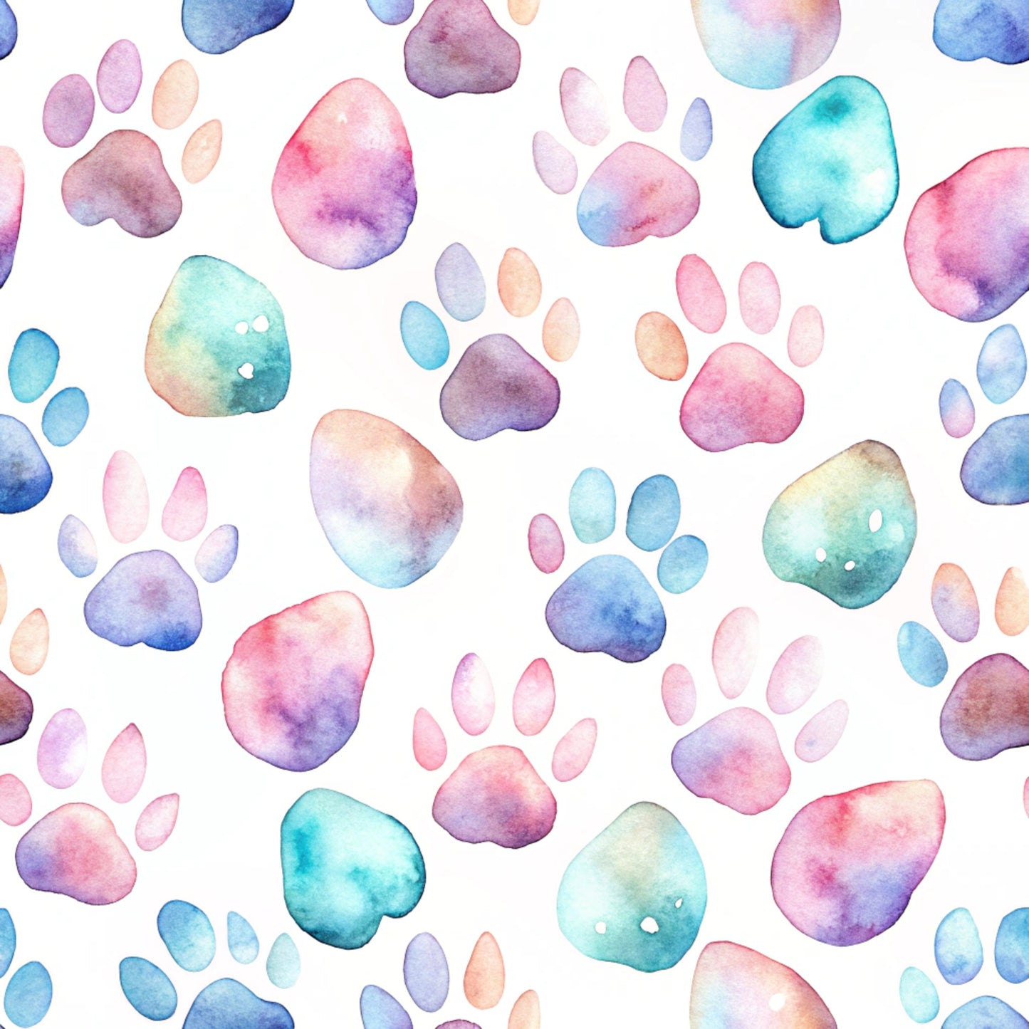 watercolor paws, dog paw prints, pastel colors, pink hues, blue tones, purple shades, turquoise accents, peach colors, gradient effects, whimsical style, pet themed, animal prints, soft pastels, quilting cotton, fabric panel, scattered pattern, playful design, artistic watercolor, cute paws, crafting material