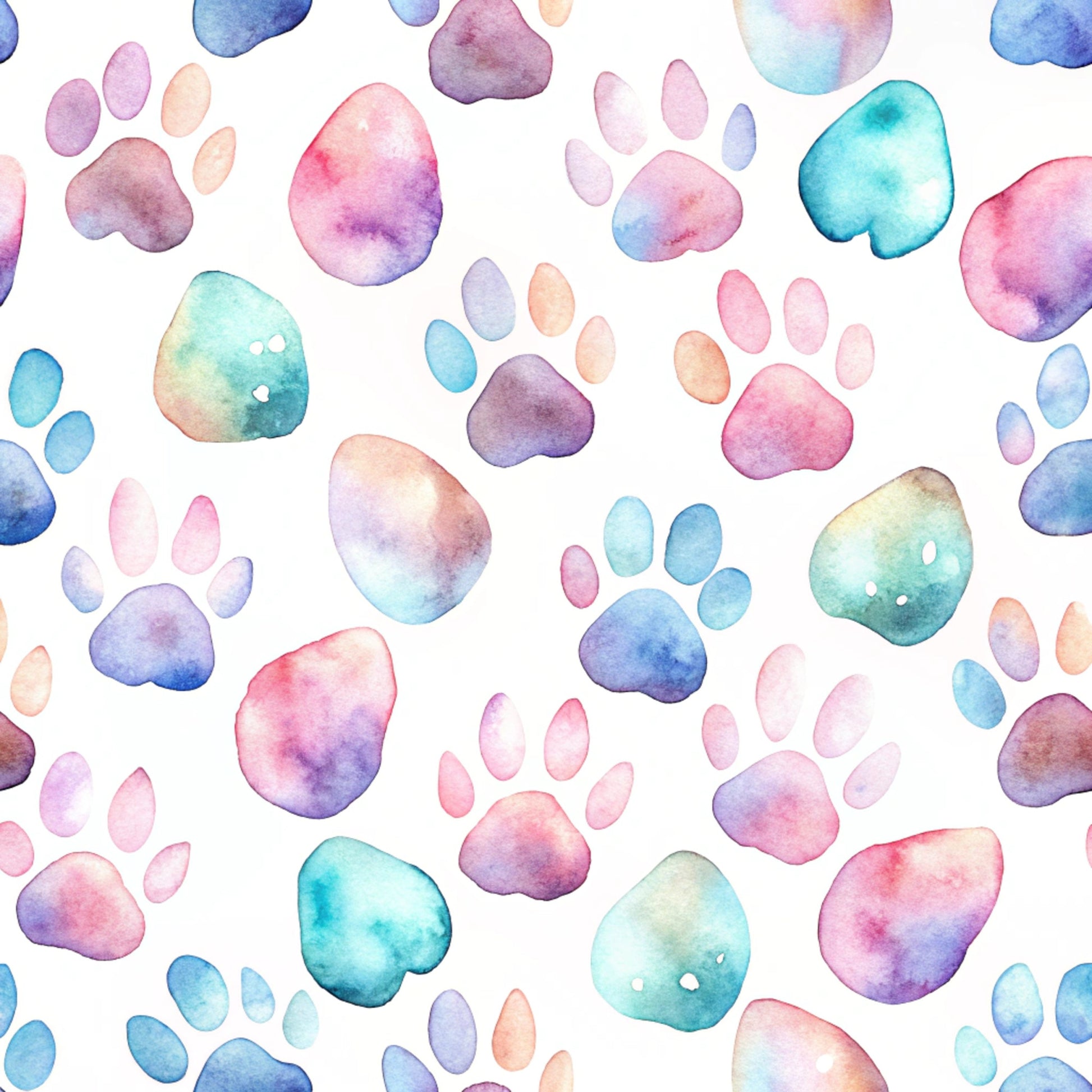 watercolor paws, dog paw prints, pastel colors, pink hues, blue tones, purple shades, turquoise accents, peach colors, gradient effects, whimsical style, pet themed, animal prints, soft pastels, quilting cotton, fabric panel, scattered pattern, playful design, artistic watercolor, cute paws, crafting material