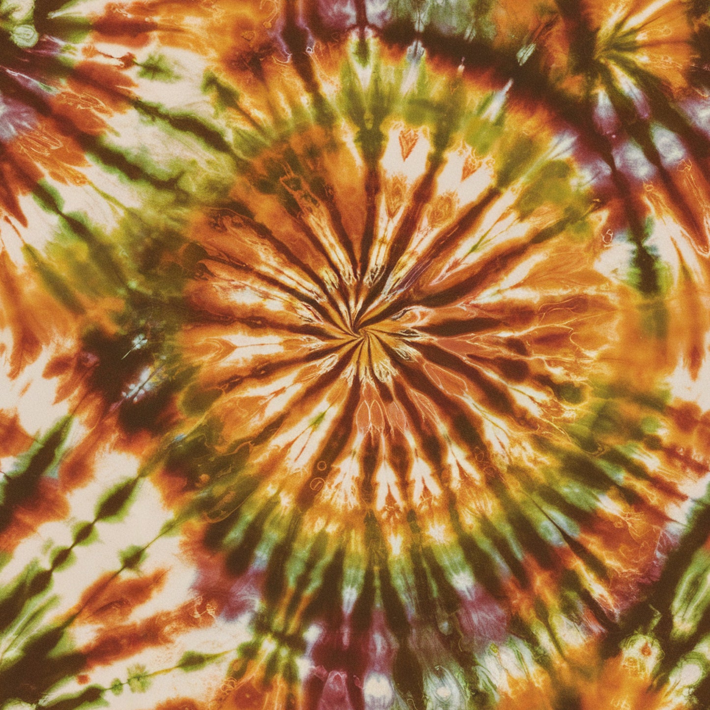 tie dye, retro, groovy, radial pattern, starburst design, orange, rust, olive green, burgundy, cream, white, spiral, psychedelic, 1960s style, hippie, boho, quilting cotton, fabric panel, sunburst, kaleidoscope