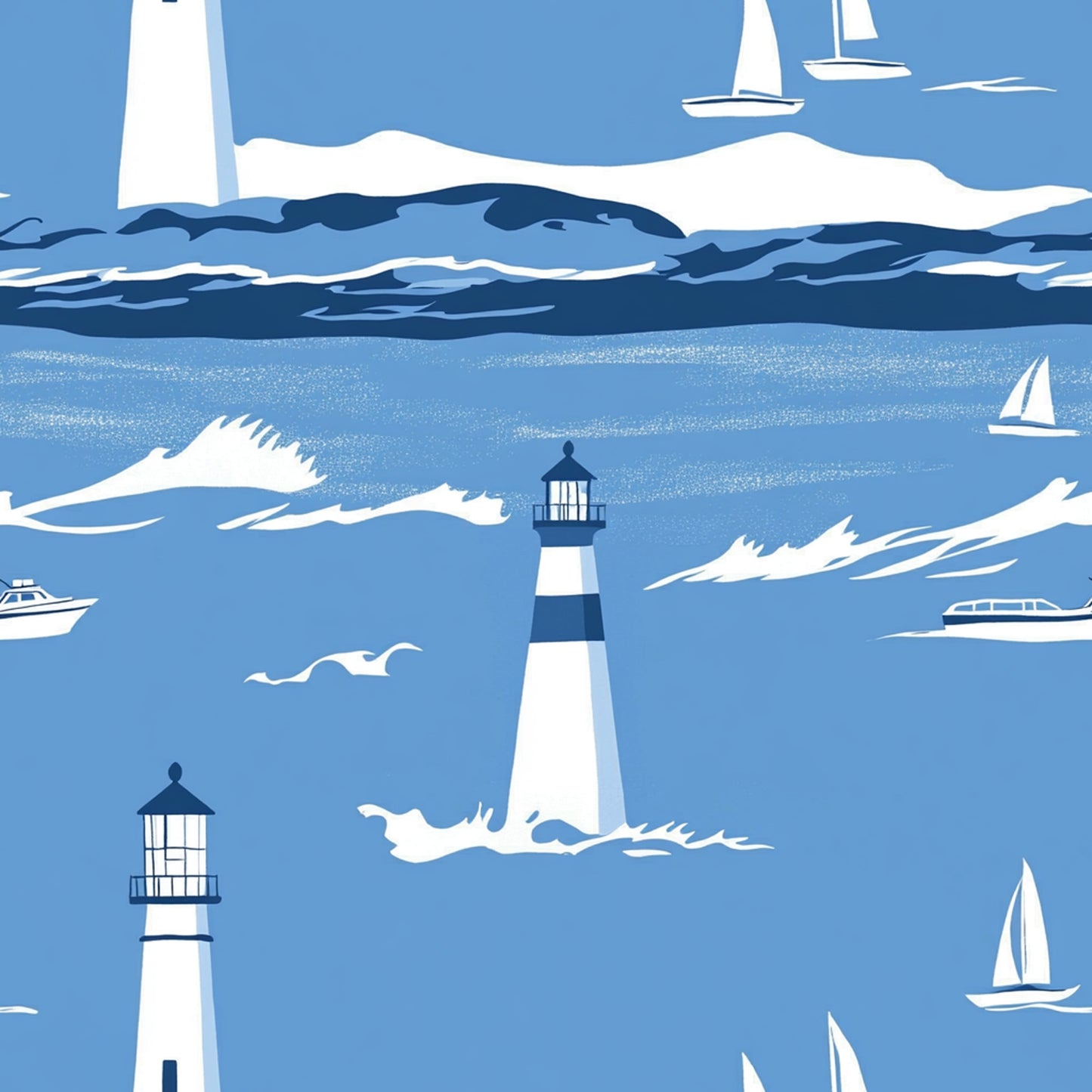 blue, white, navy, lighthouse, sailboats, ocean waves, seagulls, maritime, nautical theme, coastal scene, boats, water, sea, quilting cotton, fabric panel, repeating pattern, sailing, marine life, beach theme, summer motif