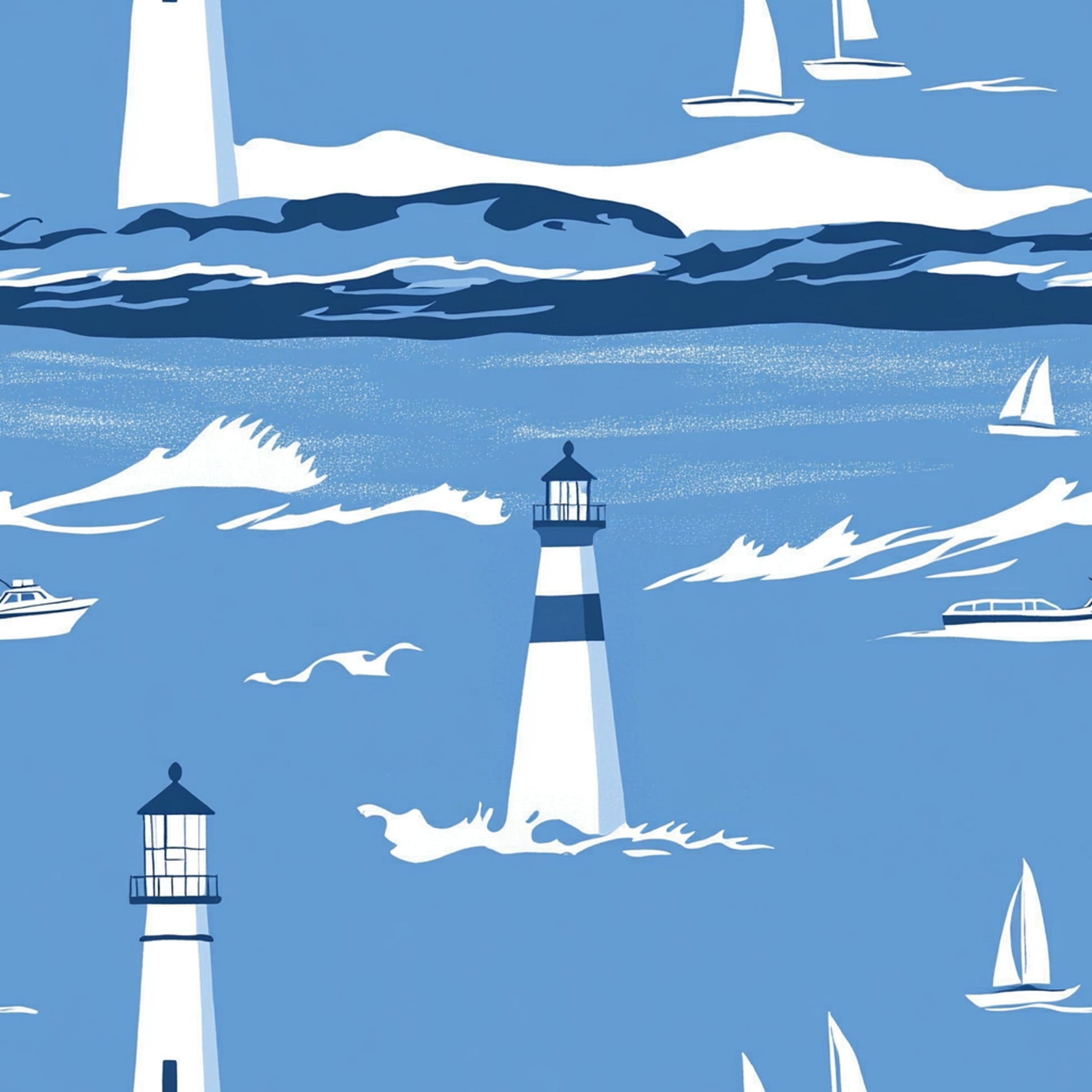 blue, white, navy, lighthouse, sailboats, ocean waves, seagulls, maritime, nautical theme, coastal scene, boats, water, sea, quilting cotton, fabric panel, repeating pattern, sailing, marine life, beach theme, summer motif