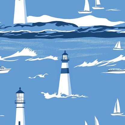 blue, white, navy, lighthouse, sailboats, ocean waves, seagulls, maritime, nautical theme, coastal scene, boats, water, sea, quilting cotton, fabric panel, repeating pattern, sailing, marine life, beach theme, summer motif