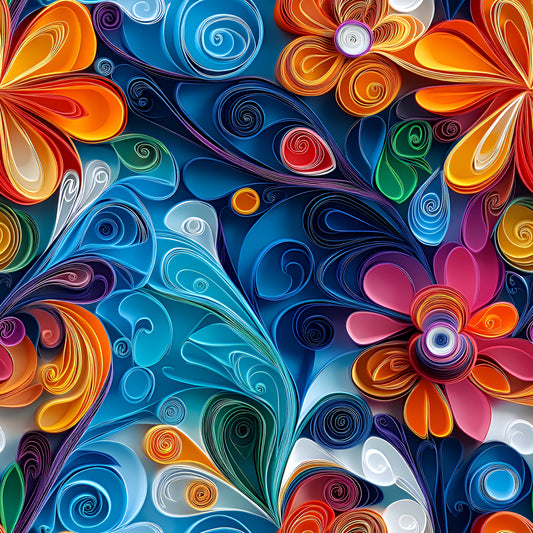 abstract art, paper quilling, swirls, spirals, vibrant blue, orange, red, purple, green, white, floral motifs, dimensional effect, rolled paper design, quilting cotton, fabric panel, colorful pattern, artistic swirls, decorative spirals, modern art style, intricate design, layered texture