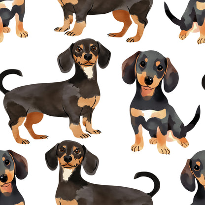 watercolor, dachshund, sausage dog, black, tan, brown, orange, white, repeating pattern, dog illustration, pet motif, cute puppies, long ears, wiener dog, quilting cotton, fabric panel, playful design, animal print, soft colors, artistic style