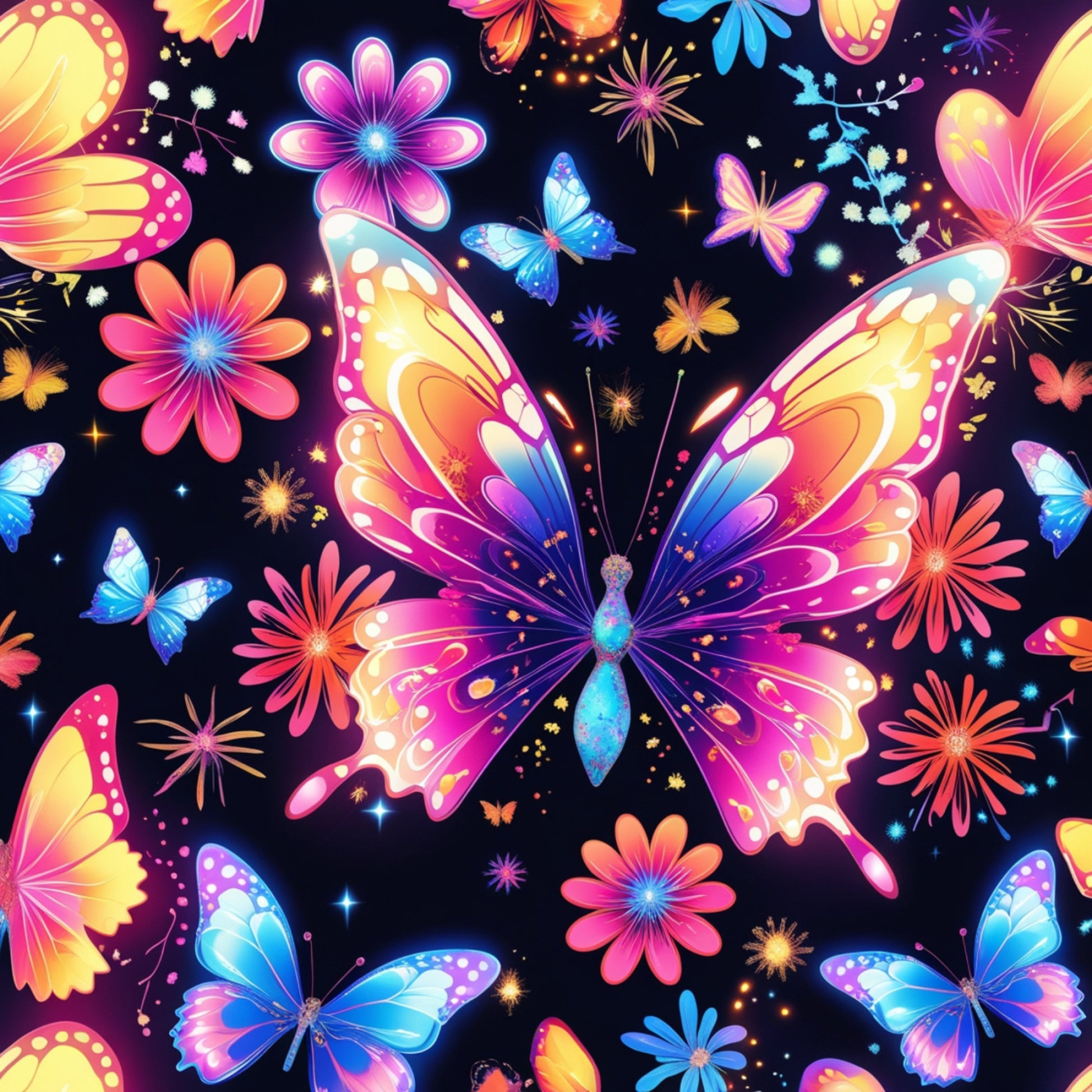 fantasy butterflies, vibrant pink, electric blue, golden yellow, purple gradient, neon colors, magical wings, floral elements, starbursts, sparkles, glowing effects, whimsical design, dreamy atmosphere, quilting cotton, fabric panel, luminous butterflies, cosmic flowers, enchanted garden, iridescent wings, fantasy art style