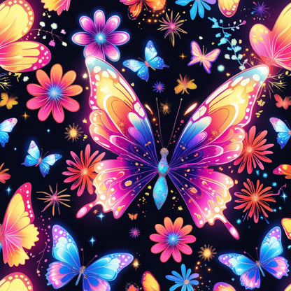 fantasy butterflies, vibrant pink, electric blue, golden yellow, purple gradient, neon colors, magical wings, floral elements, starbursts, sparkles, glowing effects, whimsical design, dreamy atmosphere, quilting cotton, fabric panel, luminous butterflies, cosmic flowers, enchanted garden, iridescent wings, fantasy art style