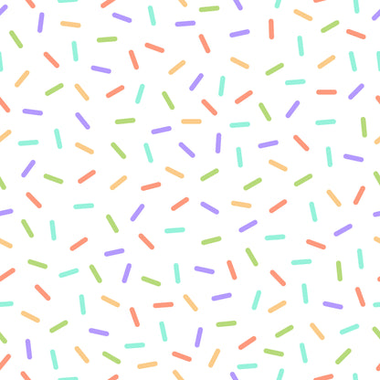rainbow sprinkles, colorful confetti, pastel colors, purple, mint green, coral pink, yellow, lime green, scattered pattern, random placement, candy sprinkles, dessert theme, sweet treats, playful design, whimsical style, quilting cotton, fabric panel, bakery motif, celebration theme, cheerful mood