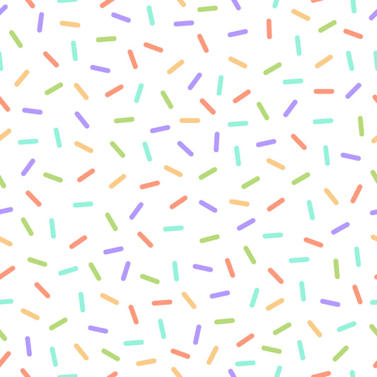 rainbow sprinkles, colorful confetti, pastel colors, purple, mint green, coral pink, yellow, lime green, scattered pattern, random placement, candy sprinkles, dessert theme, sweet treats, playful design, whimsical style, quilting cotton, fabric panel, bakery motif, celebration theme, cheerful mood
