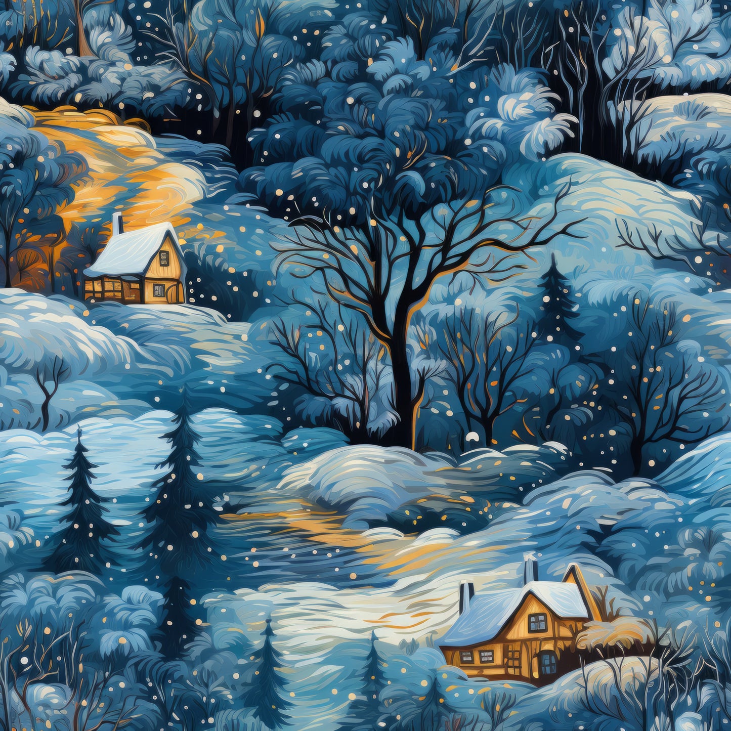winter scene, snow-covered landscape, cozy cabins, evergreen trees, falling snow, navy blue, golden yellow, cream white, twilight sky, quilting cotton, fabric panel, winter wonderland, snowy hills, illuminated windows, bare trees, peaceful scene, cold season, cottage homes, serene atmosphere, dawn light
