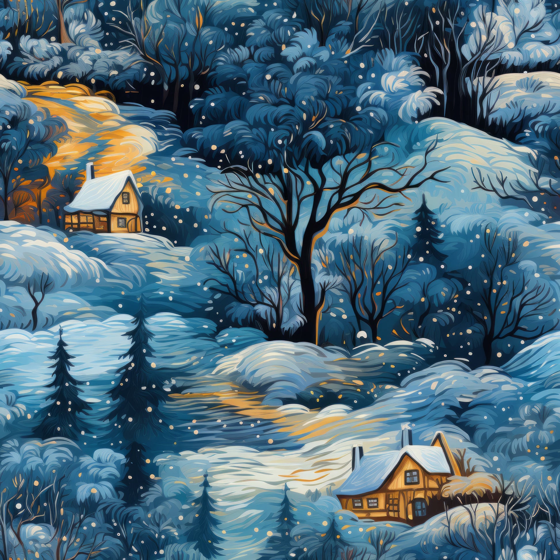 winter scene, snow-covered landscape, cozy cabins, evergreen trees, falling snow, navy blue, golden yellow, cream white, twilight sky, quilting cotton, fabric panel, winter wonderland, snowy hills, illuminated windows, bare trees, peaceful scene, cold season, cottage homes, serene atmosphere, dawn light