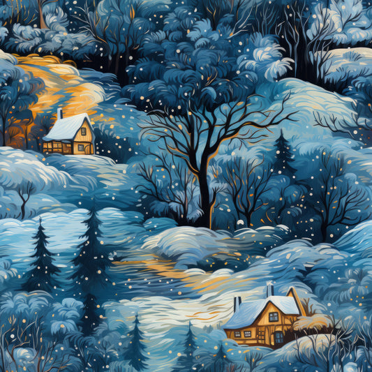 winter scene, snow-covered landscape, cozy cabins, evergreen trees, falling snow, navy blue, golden yellow, cream white, twilight sky, quilting cotton, fabric panel, winter wonderland, snowy hills, illuminated windows, bare trees, peaceful scene, cold season, cottage homes, serene atmosphere, dawn light