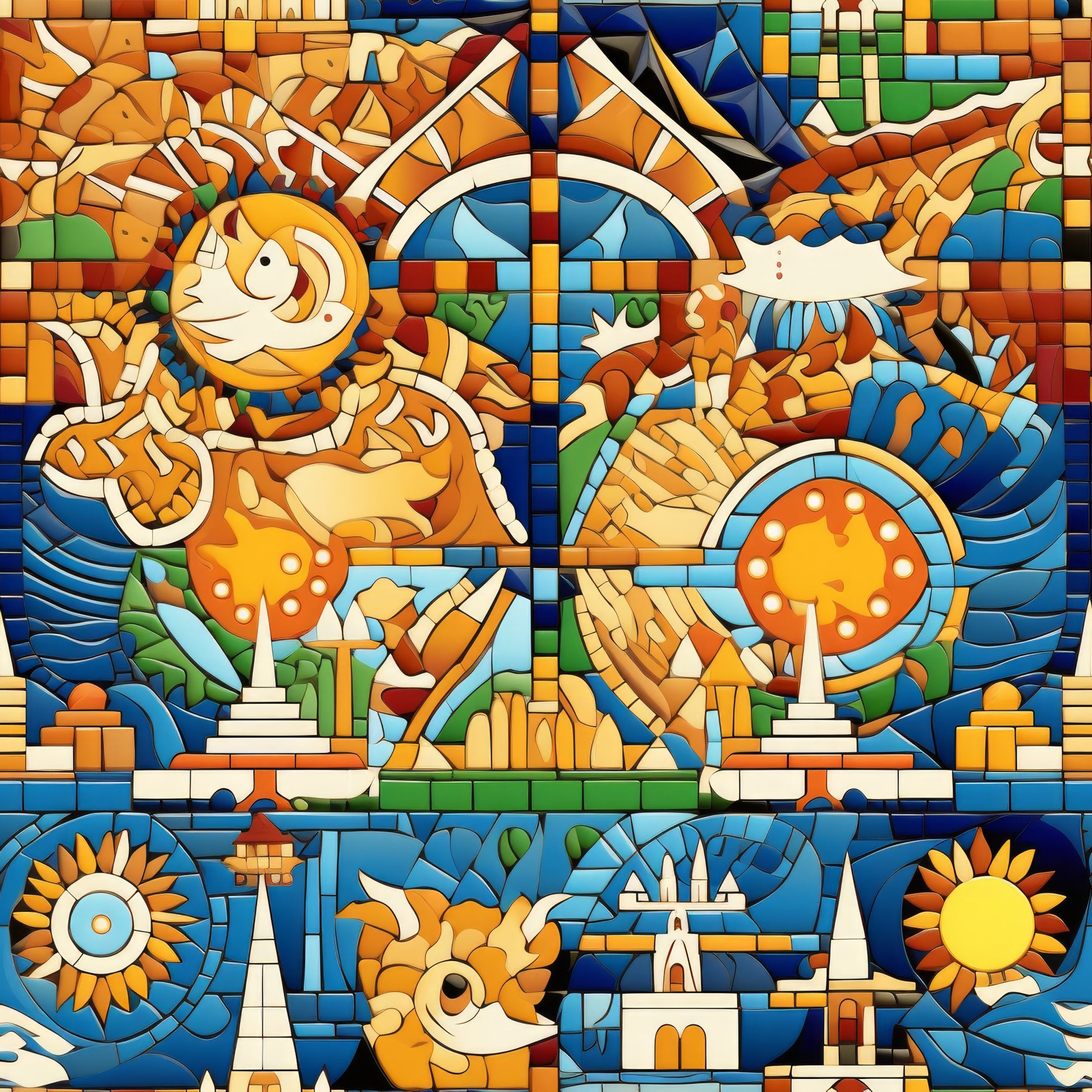 mosaic art, stained glass, geometric patterns, orange, blue, yellow, green, white, sun motifs, celestial designs, abstract figures, quilting cotton, fabric panel, colorful blocks, angular shapes, decorative elements, artistic composition, vibrant colors, contemporary style, craft fabric