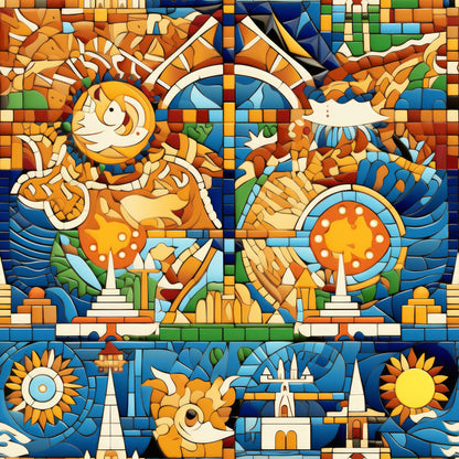 mosaic art, stained glass, geometric patterns, orange, blue, yellow, green, white, sun motifs, celestial designs, abstract figures, quilting cotton, fabric panel, colorful blocks, angular shapes, decorative elements, artistic composition, vibrant colors, contemporary style, craft fabric