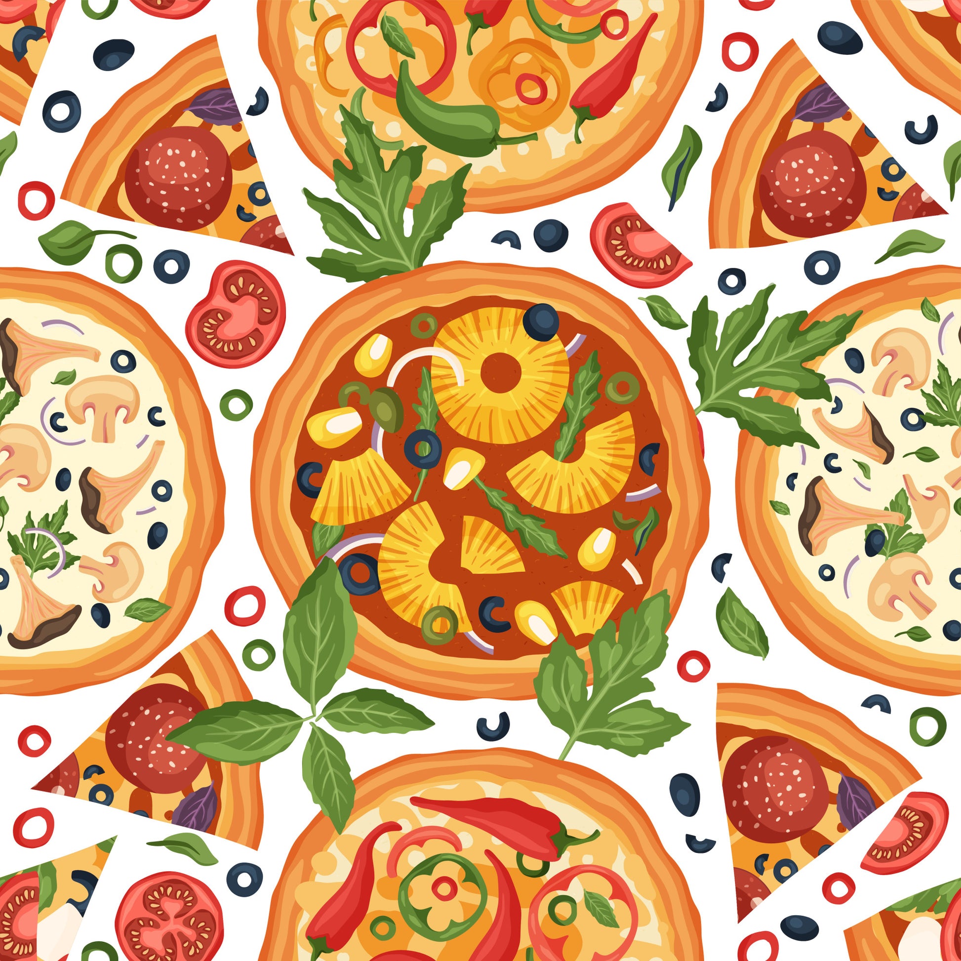 pizza pattern, quilting cotton, fabric panel, food illustration, italian cuisine, pepperoni pizza, pineapple pizza, mushroom pizza, basil leaves, tomato slices, olives, cheese, orange, red, green, yellow, white background, seamless repeat, culinary theme, kitchen motif