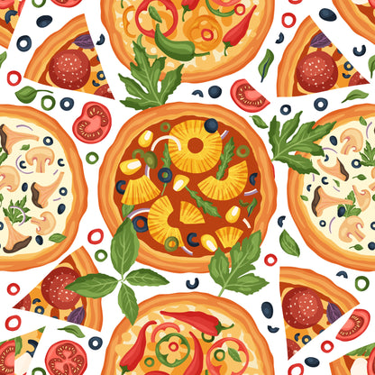 pizza pattern, quilting cotton, fabric panel, food illustration, italian cuisine, pepperoni pizza, pineapple pizza, mushroom pizza, basil leaves, tomato slices, olives, cheese, orange, red, green, yellow, white background, seamless repeat, culinary theme, kitchen motif