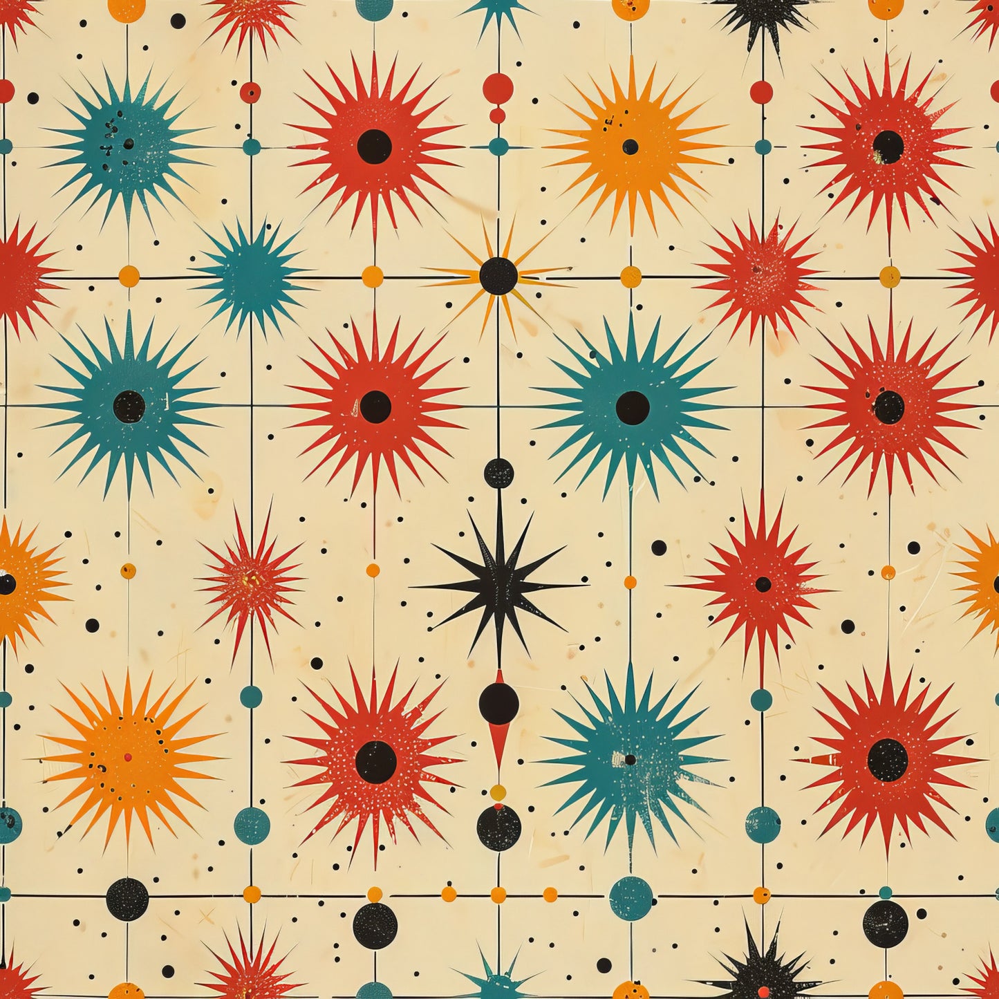 retro starburst, mid-century modern, atomic age, sunburst pattern, red orange teal, geometric design, radiating spikes, connected circles, vintage aesthetic, quilting cotton, fabric panel, 1950s style, atomic starburst, beige background, colorful bursts, linear connections, mod design, space age, decorative circles, retro colors
