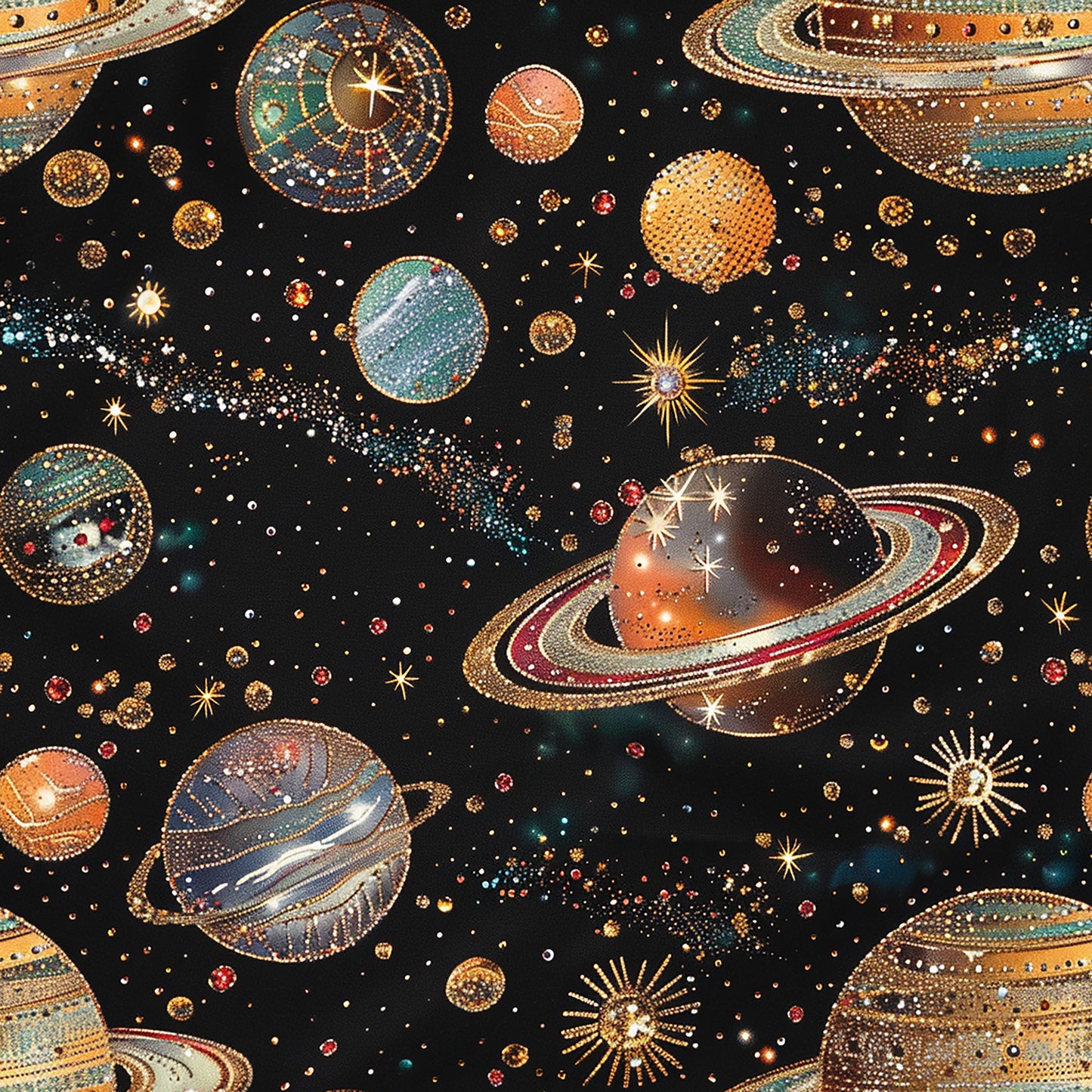 space theme, planets, stars, solar system, celestial bodies, rings, saturn-like planets, cosmic scene, black background, gold accents, teal, orange, burgundy, dotted patterns, starbursts, galaxy, astronomy, quilting cotton, fabric panel, universe motif, decorative dots, metallic highlights