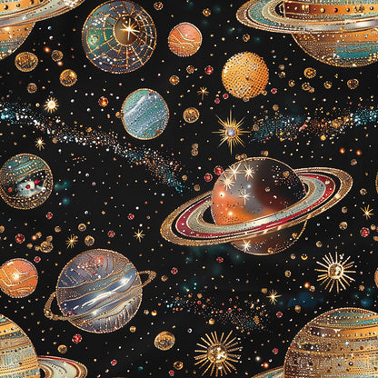 space theme, planets, stars, solar system, celestial bodies, rings, saturn-like planets, cosmic scene, black background, gold accents, teal, orange, burgundy, dotted patterns, starbursts, galaxy, astronomy, quilting cotton, fabric panel, universe motif, decorative dots, metallic highlights