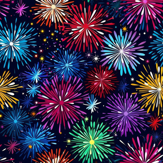 fireworks, night sky, celebration, vibrant colors, starburst pattern, red, blue, purple, yellow, orange, pink, green, white, dark navy background, sparkles, radiating lines, festive, fourth of july, new year, quilting cotton, fabric panel, explosive design, multicolored, bright, dazzling