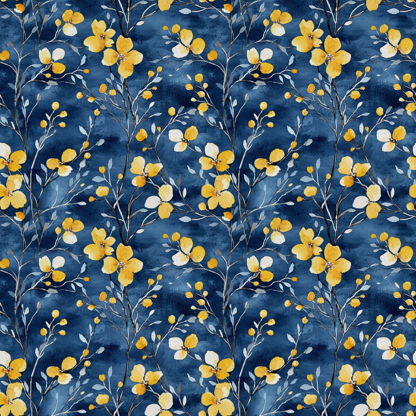 navy blue, golden yellow, cream white, watercolor florals, botanical pattern, delicate flowers, branching stems, small buds, flowing vines, repeating motif, quilting cotton, fabric panel, nature inspired, floral design, soft brushstrokes, elegant blooms, organic shapes, seamless pattern, crafting material, sewing fabric