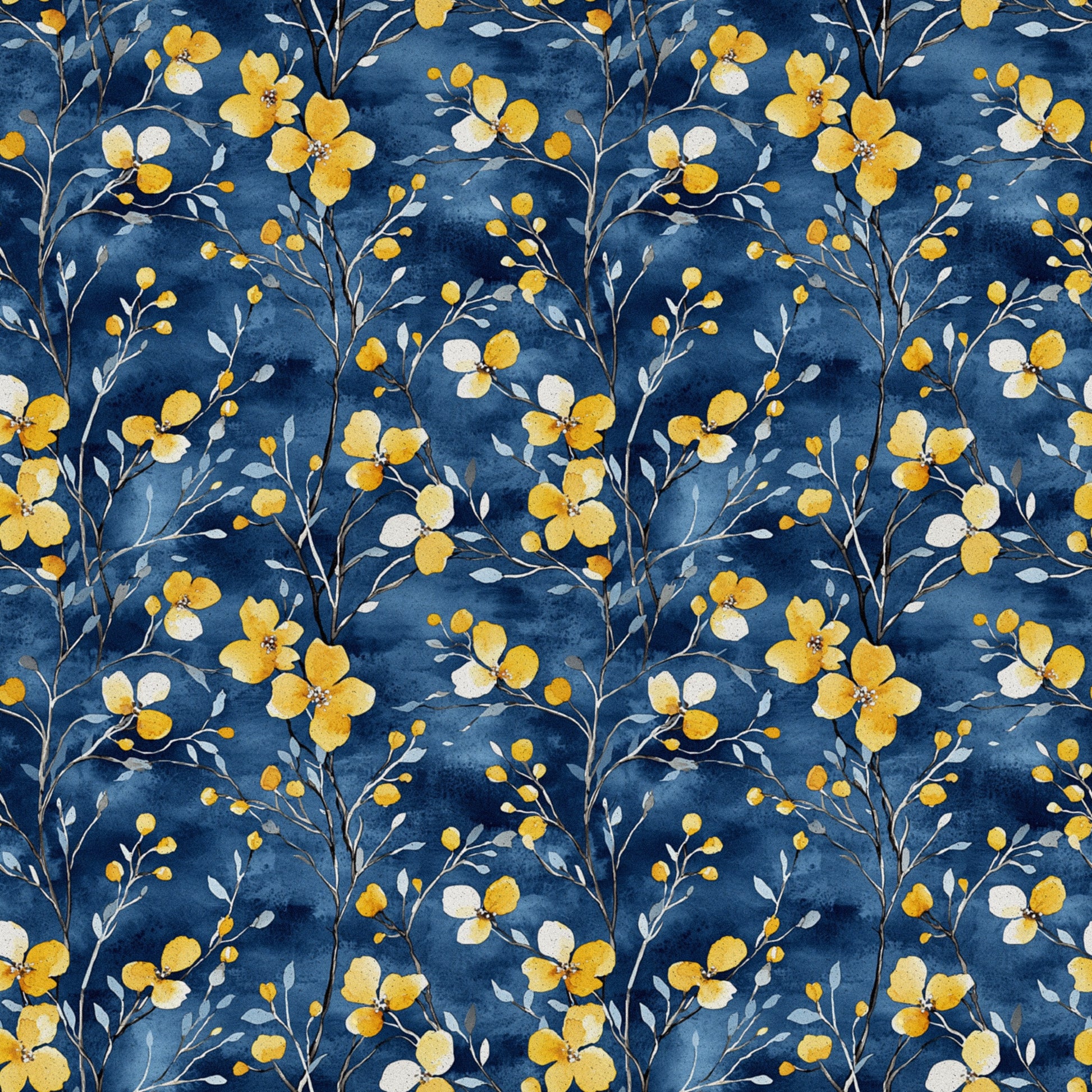 navy blue, golden yellow, cream white, watercolor florals, botanical pattern, delicate flowers, branching stems, small buds, flowing vines, repeating motif, quilting cotton, fabric panel, nature inspired, floral design, soft brushstrokes, elegant blooms, organic shapes, seamless pattern, crafting material, sewing fabric