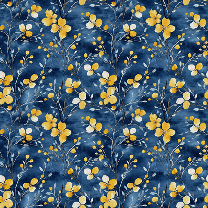 navy blue, golden yellow, cream white, watercolor florals, botanical pattern, delicate flowers, branching stems, small buds, flowing vines, repeating motif, quilting cotton, fabric panel, nature inspired, floral design, soft brushstrokes, elegant blooms, organic shapes, seamless pattern, crafting material, sewing fabric