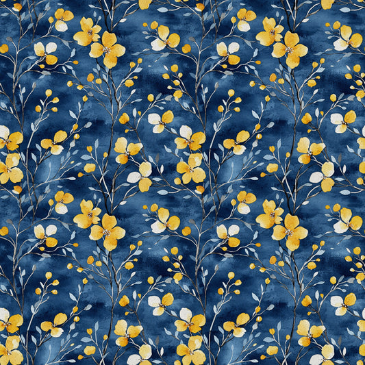 navy blue, golden yellow, cream white, watercolor florals, botanical pattern, delicate flowers, branching stems, small buds, flowing vines, repeating motif, quilting cotton, fabric panel, nature inspired, floral design, soft brushstrokes, elegant blooms, organic shapes, seamless pattern, crafting material, sewing fabric