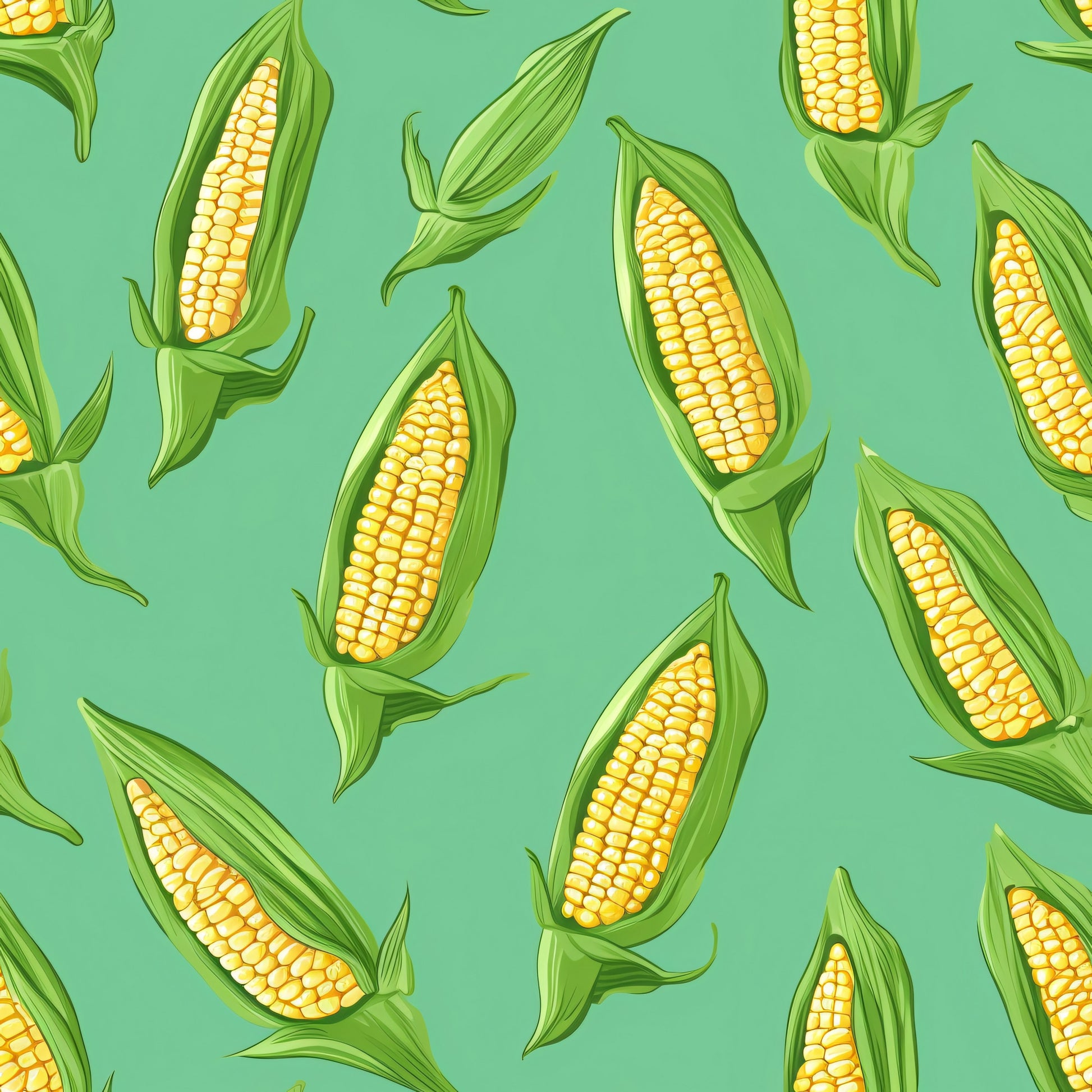 corn pattern, sweet corn, yellow kernels, green husks, sage green background, vegetable motif, farm fresh, harvest theme, quilting cotton, fabric panel, botanical design, kitchen theme, food illustration, summer produce, agricultural pattern, corn cobs, green leaves, golden yellow, repeating pattern, culinary fabric