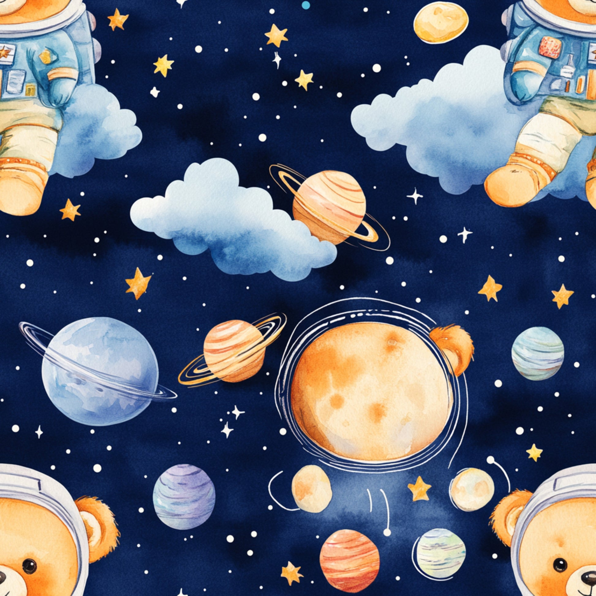 navy blue, orange teddy bears, space theme, astronaut bears, planets, stars, clouds, rocket ships, saturn rings, celestial bodies, watercolor style, whimsical illustration, quilting cotton, fabric panel, nursery theme, baby boy design, cosmic adventure, soft pastels, children's fabric, space exploration