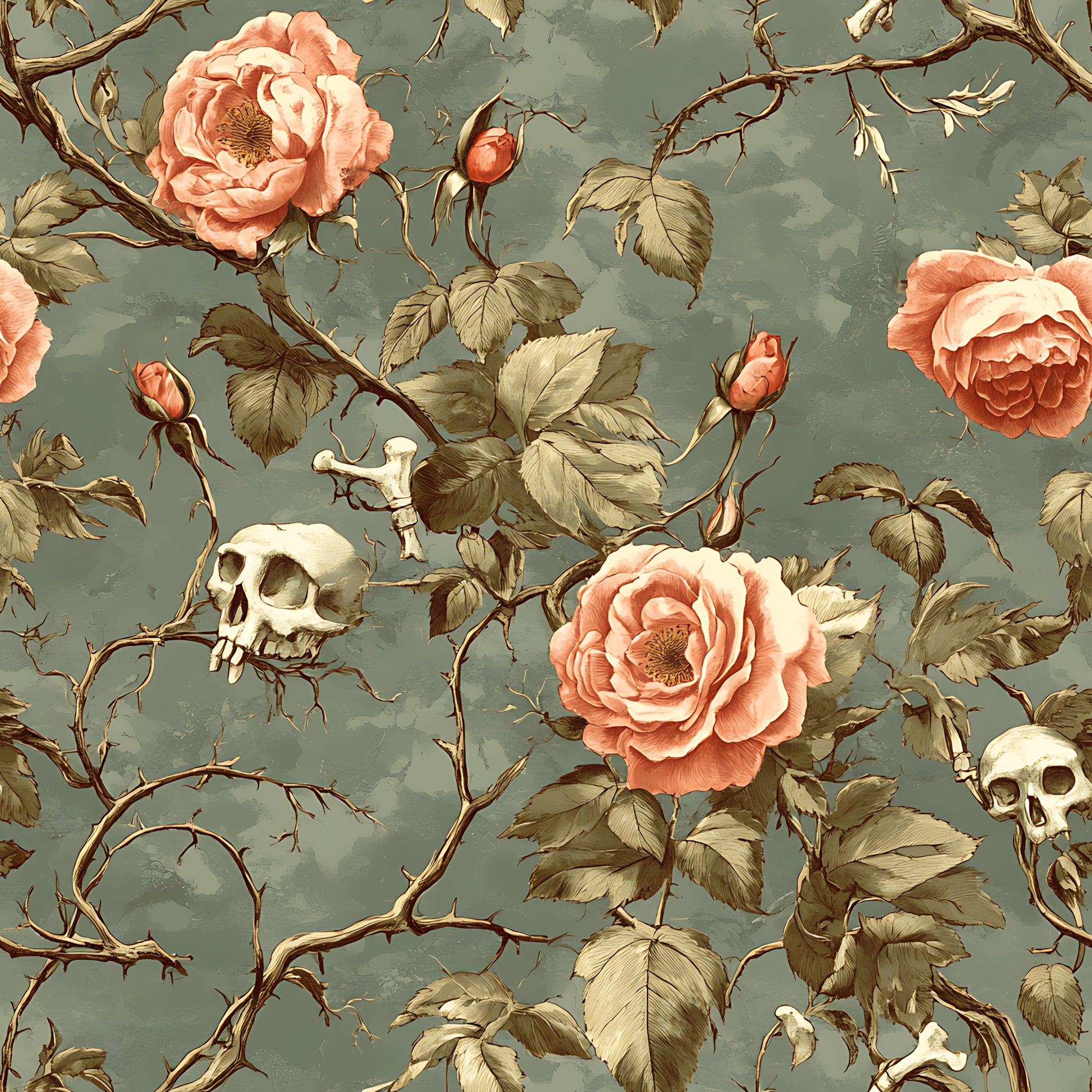 sage green, dusty rose, coral pink, cream white, brown thorns, vintage roses, skull motifs, thorny branches, gothic floral, romantic goth, botanical illustration, muted pastels, quilting cotton, fabric panel, rose buds, trailing vines, memento mori, antique style, soft grunge, nature gothic