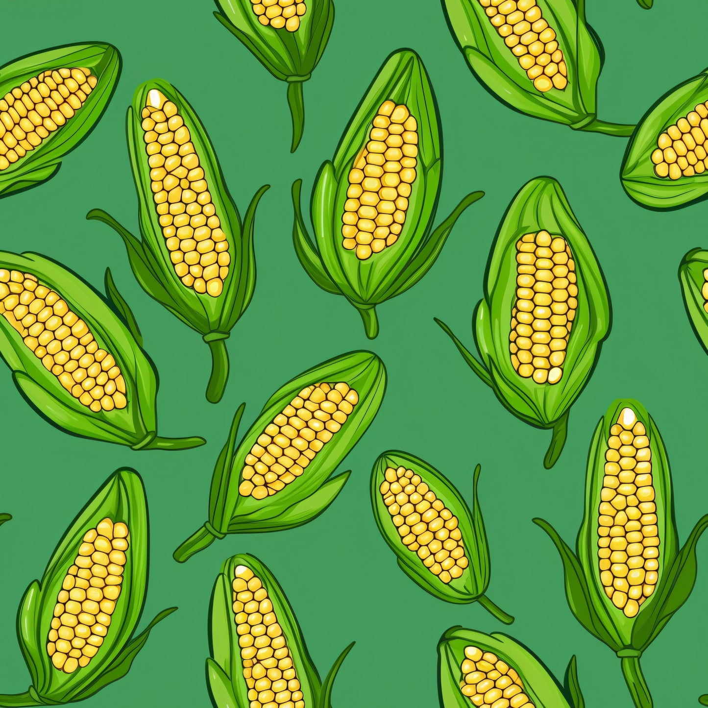 sweet corn, corn cobs, yellow kernels, green husks, emerald green background, vegetable pattern, food motif, harvest theme, autumn produce, scattered design, quilting cotton, fabric panel, botanical illustration, farm fresh, agricultural design, golden yellow, bright green, repeating pattern, kitchen theme, garden vegetables