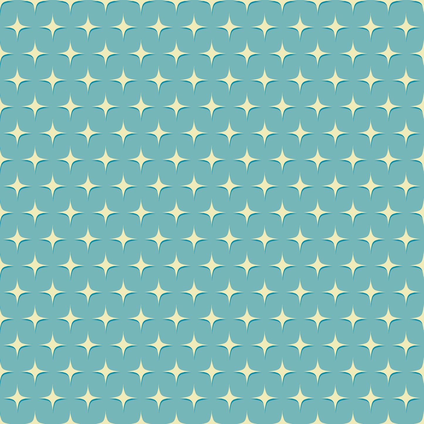 teal blue, cream white, atomic starbursts, mid-century modern, retro pattern, geometric shapes, star motifs, repeating design, quilting cotton, fabric panel, vintage inspired, mod style, turquoise background, diamond stars, nostalgic feel, craft fabric, sewing material, decorative pattern, atomic era