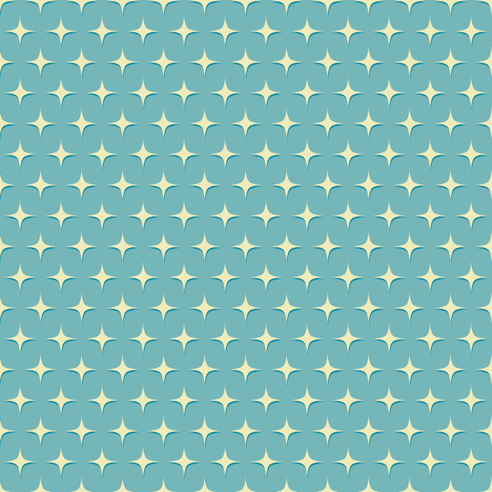 teal blue, cream white, atomic starbursts, mid-century modern, retro pattern, geometric shapes, star motifs, repeating design, quilting cotton, fabric panel, vintage inspired, mod style, turquoise background, diamond stars, nostalgic feel, craft fabric, sewing material, decorative pattern, atomic era