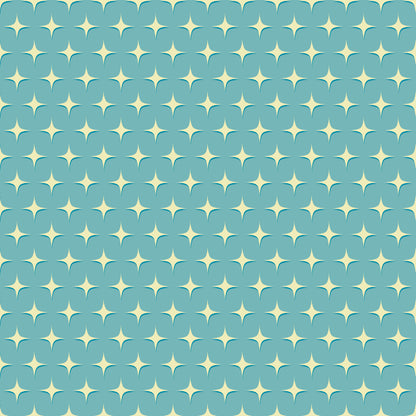 teal blue, cream white, atomic starbursts, mid-century modern, retro pattern, geometric shapes, star motifs, repeating design, quilting cotton, fabric panel, vintage inspired, mod style, turquoise background, diamond stars, nostalgic feel, craft fabric, sewing material, decorative pattern, atomic era