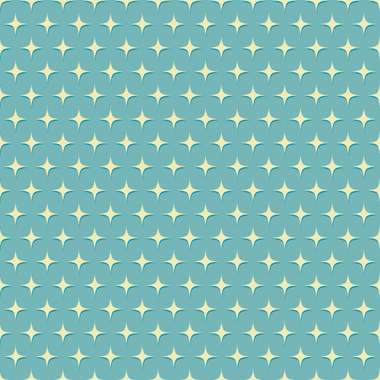 teal blue, cream white, atomic starbursts, mid-century modern, retro pattern, geometric shapes, star motifs, repeating design, quilting cotton, fabric panel, vintage inspired, mod style, turquoise background, diamond stars, nostalgic feel, craft fabric, sewing material, decorative pattern, atomic era