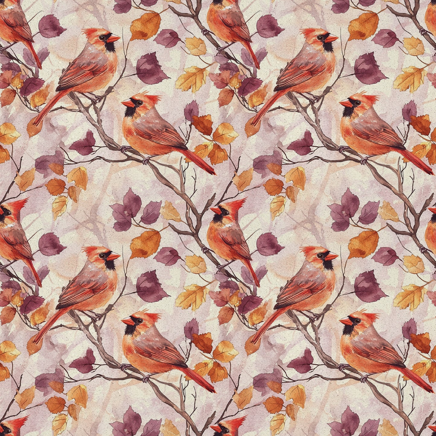 red cardinals, autumn leaves, watercolor style, quilting cotton, fabric panel, orange foliage, purple leaves, brown branches, bird pattern, seasonal design, fall colors, nature motif, repeating pattern, warm tones, woodland birds, burgundy accents, botanical elements, crafting fabric, textile design, avian theme