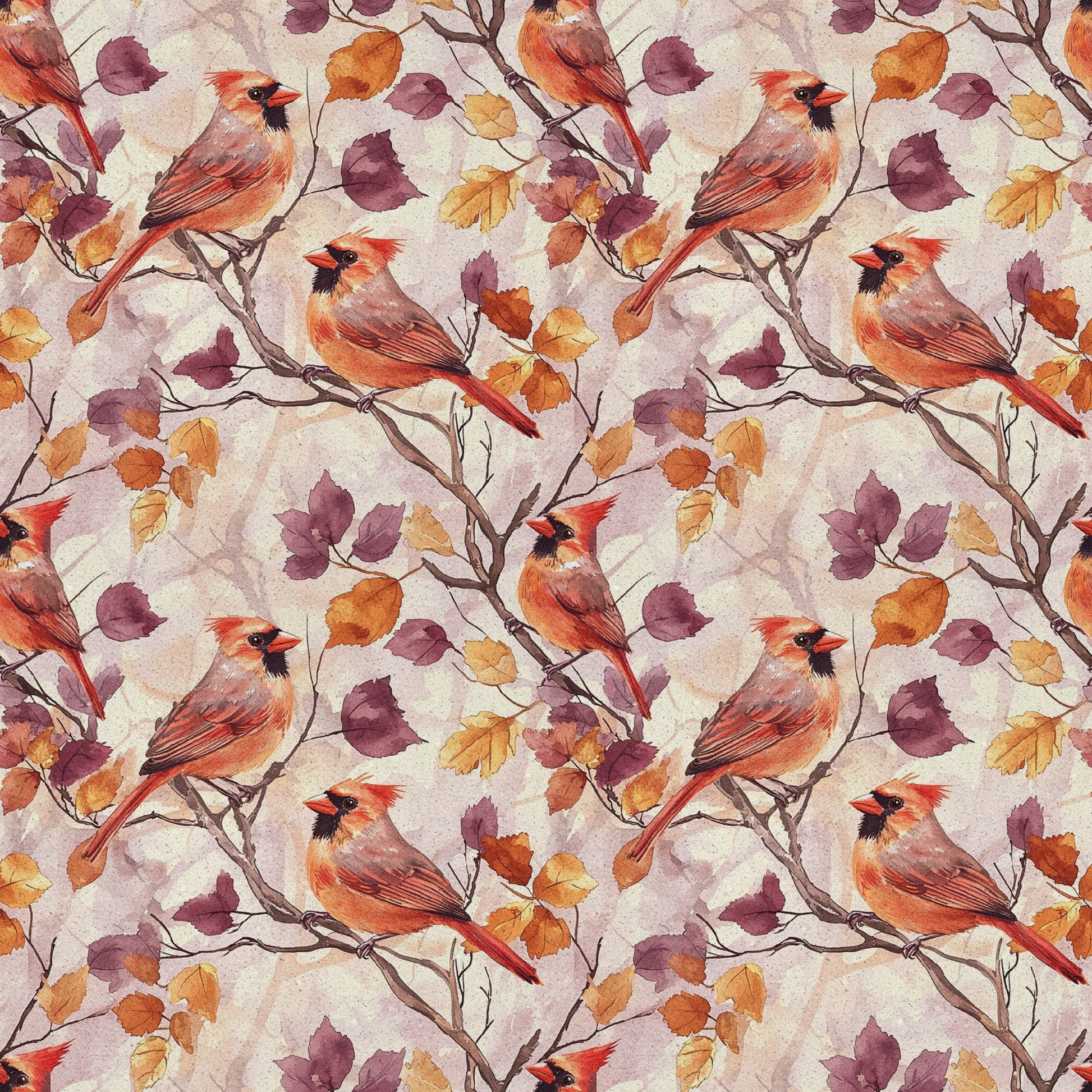 red cardinals, autumn leaves, watercolor style, quilting cotton, fabric panel, orange foliage, purple leaves, brown branches, bird pattern, seasonal design, fall colors, nature motif, repeating pattern, warm tones, woodland birds, burgundy accents, botanical elements, crafting fabric, textile design, avian theme
