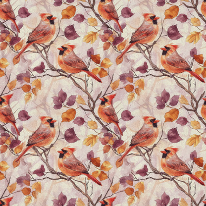 red cardinals, autumn leaves, watercolor style, quilting cotton, fabric panel, orange foliage, purple leaves, brown branches, bird pattern, seasonal design, fall colors, nature motif, repeating pattern, warm tones, woodland birds, burgundy accents, botanical elements, crafting fabric, textile design, avian theme