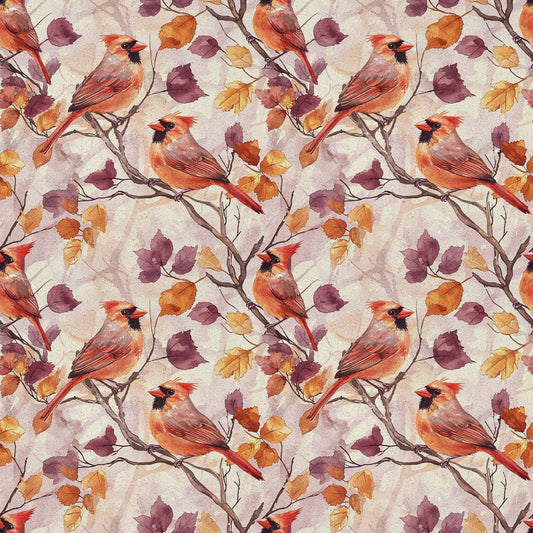 red cardinals, autumn leaves, watercolor style, quilting cotton, fabric panel, orange foliage, purple leaves, brown branches, bird pattern, seasonal design, fall colors, nature motif, repeating pattern, warm tones, woodland birds, burgundy accents, botanical elements, crafting fabric, textile design, avian theme