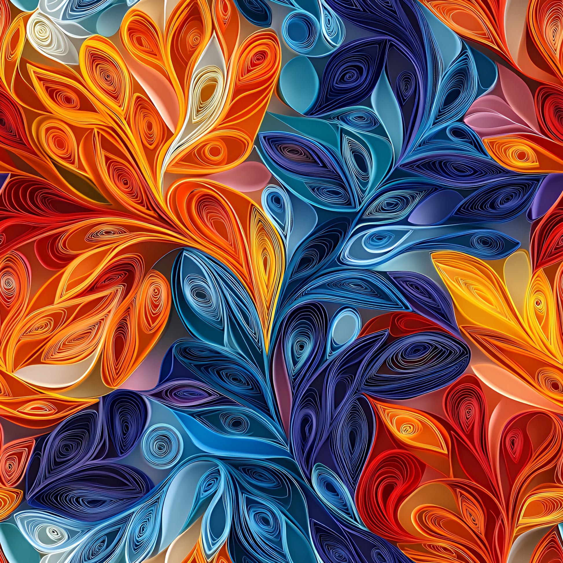 orange, blue, red, yellow, purple, teal, swirled petals, floral motifs, paper quilling, abstract flowers, spiral patterns, coiled designs, vibrant colors, artistic swirls, decorative blooms, quilting cotton, fabric panel, contemporary art, flowing curves, dimensional effect