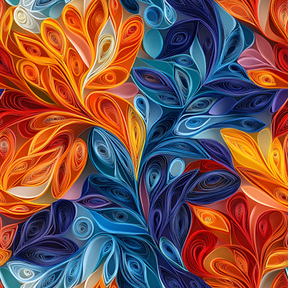 orange, blue, red, yellow, purple, teal, swirled petals, floral motifs, paper quilling, abstract flowers, spiral patterns, coiled designs, vibrant colors, artistic swirls, decorative blooms, quilting cotton, fabric panel, contemporary art, flowing curves, dimensional effect