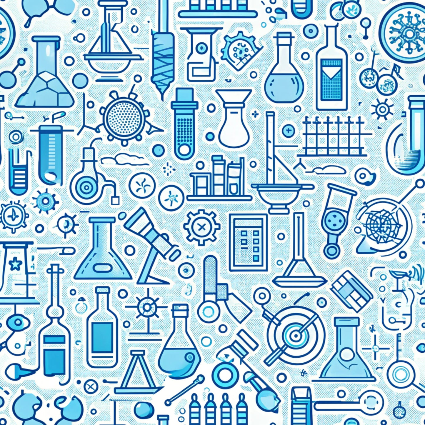 blue, white, light blue, science equipment, laboratory tools, beakers, flasks, test tubes, microscope, molecules, chemistry, educational theme, back to school, scientific instruments, seamless pattern, quilting cotton, fabric panel, academic motif, stem design, monochromatic blue