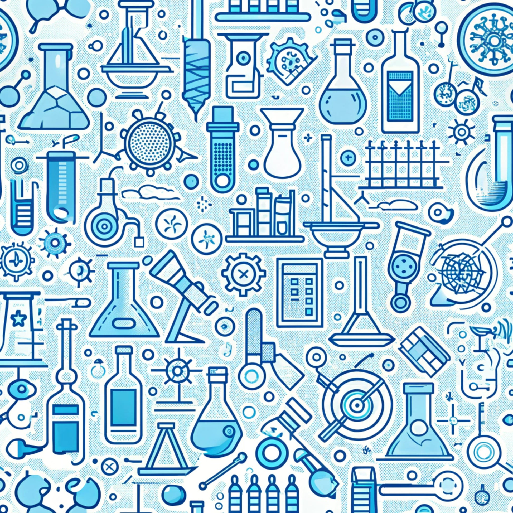 blue, white, light blue, science equipment, laboratory tools, beakers, flasks, test tubes, microscope, molecules, chemistry, educational theme, back to school, scientific instruments, seamless pattern, quilting cotton, fabric panel, academic motif, stem design, monochromatic blue