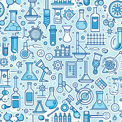 blue, white, light blue, science equipment, laboratory tools, beakers, flasks, test tubes, microscope, molecules, chemistry, educational theme, back to school, scientific instruments, seamless pattern, quilting cotton, fabric panel, academic motif, stem design, monochromatic blue