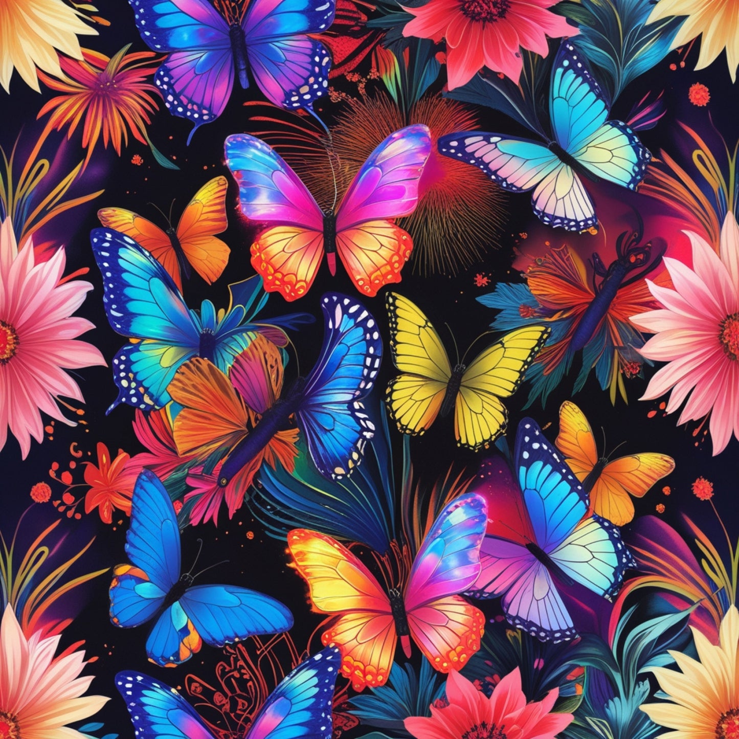 butterflies, tropical flowers, vibrant colors, electric blue, hot pink, coral orange, yellow wings, purple butterflies, floral pattern, exotic blooms, fantasy design, quilting cotton, fabric panel, colorful insects, bright florals, rainbow wings, tropical paradise, whimsical butterflies, vivid hues, nature motifs