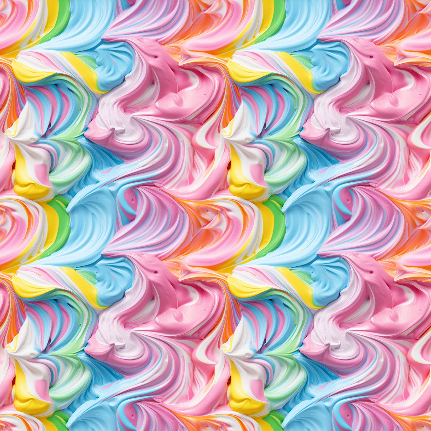 rainbow swirls, pink frosting, blue icing, yellow swirls, multicolor pattern, pastel colors, swirled design, candy colors, frosting texture, quilting cotton, fabric panel, sweet treats, dessert inspired, flowing curves, marbled effect, bright colors, seamless repeat, cotton fabric, confectionery theme
