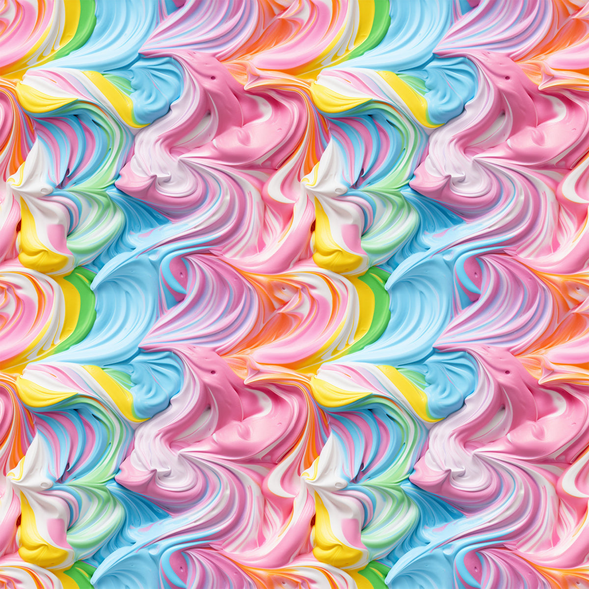 rainbow swirls, pink frosting, blue icing, yellow swirls, multicolor pattern, pastel colors, swirled design, candy colors, frosting texture, quilting cotton, fabric panel, sweet treats, dessert inspired, flowing curves, marbled effect, bright colors, seamless repeat, cotton fabric, confectionery theme