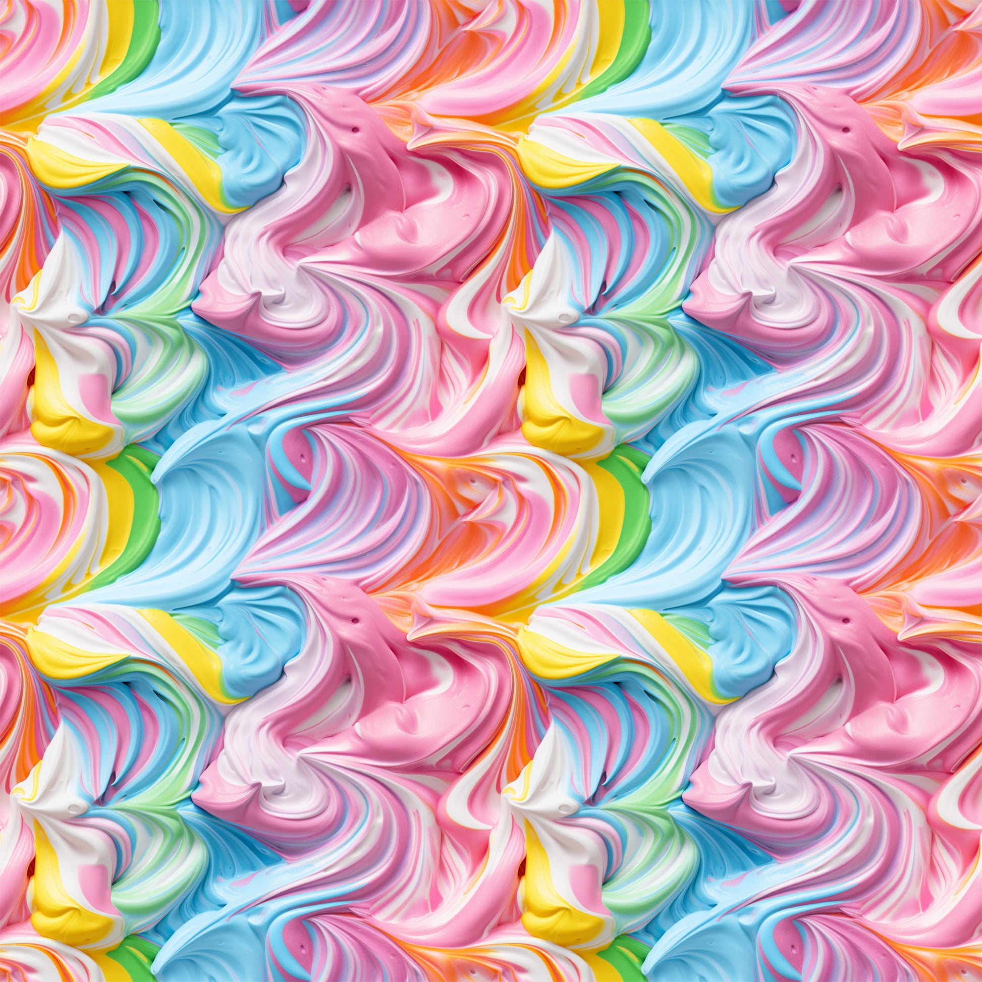 rainbow swirls, pink frosting, blue icing, yellow swirls, multicolor pattern, pastel colors, swirled design, candy colors, frosting texture, quilting cotton, fabric panel, sweet treats, dessert inspired, flowing curves, marbled effect, bright colors, seamless repeat, cotton fabric, confectionery theme