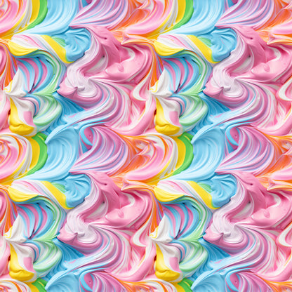 rainbow swirls, pink frosting, blue icing, yellow swirls, multicolor pattern, pastel colors, swirled design, candy colors, frosting texture, quilting cotton, fabric panel, sweet treats, dessert inspired, flowing curves, marbled effect, bright colors, seamless repeat, cotton fabric, confectionery theme